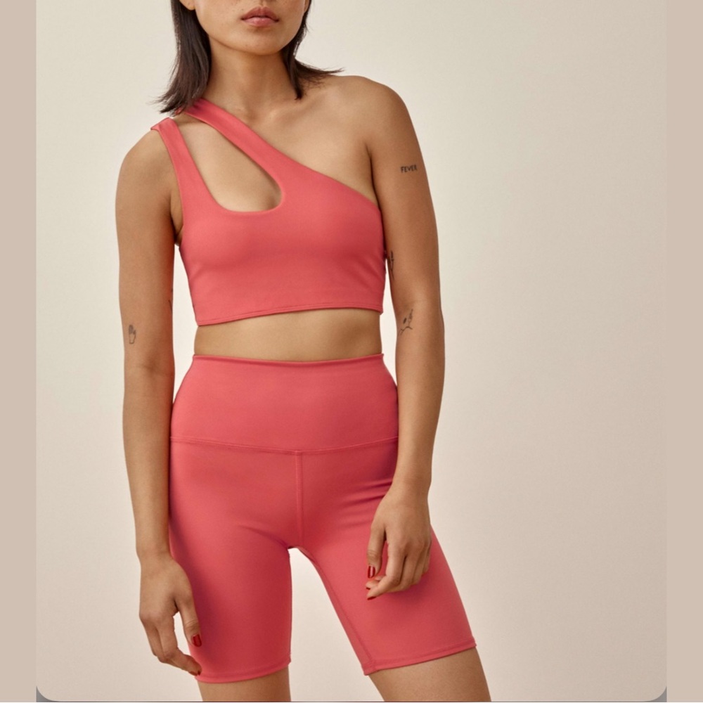 Reformation EcoMove Simone Sports Bra Bike Shorts Set Hot Coral Bundle Active M